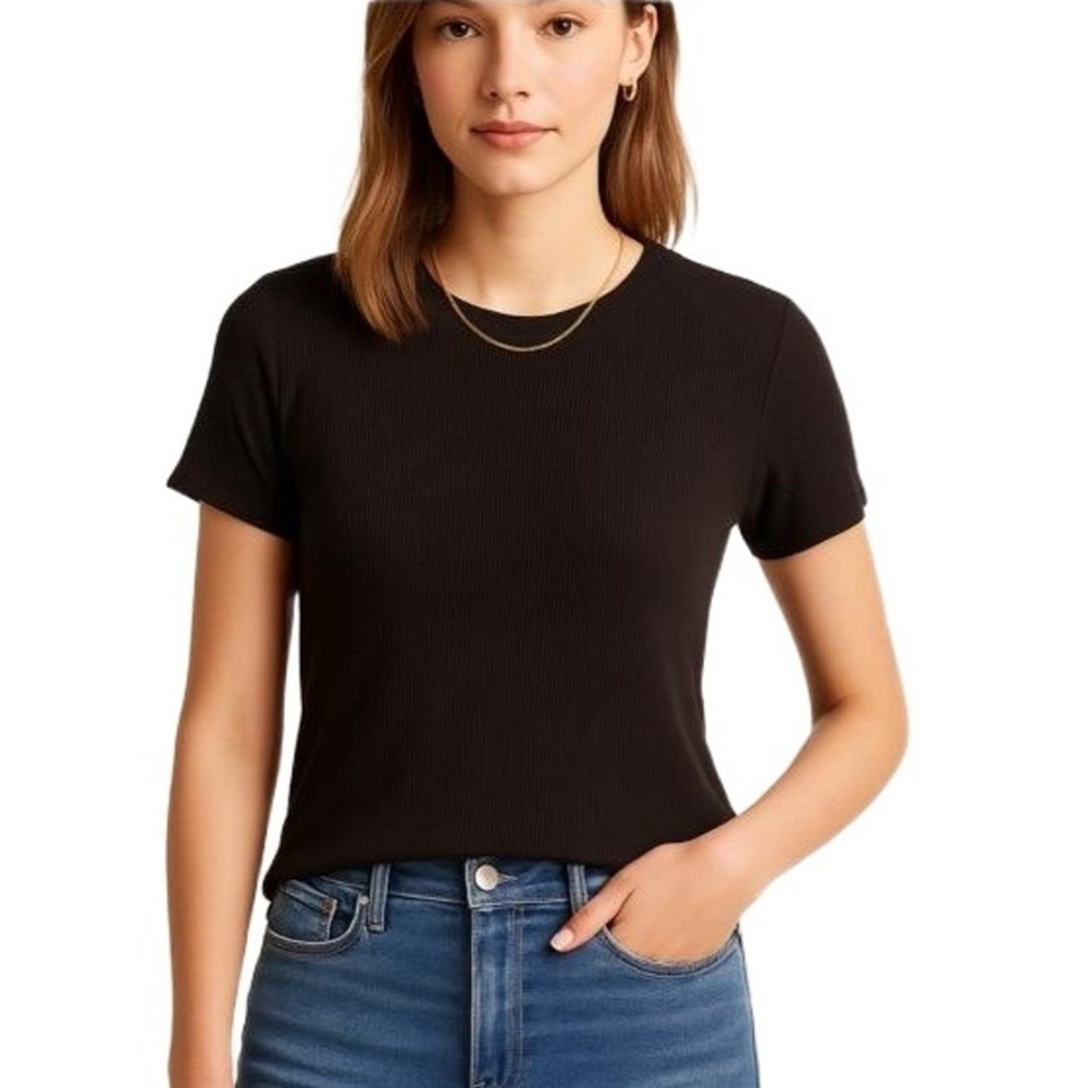 Halogen Shirt Womens XL Ribbed Black Short Sleeve Top Soft Stretch Rayon Blend‎